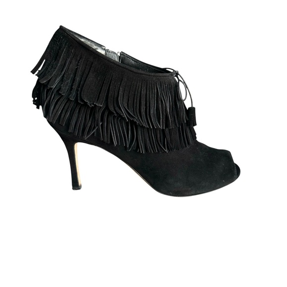 Manolo Blahnik Open Toe Heels Booties Black Suede Fringe - Picture 5 of 12